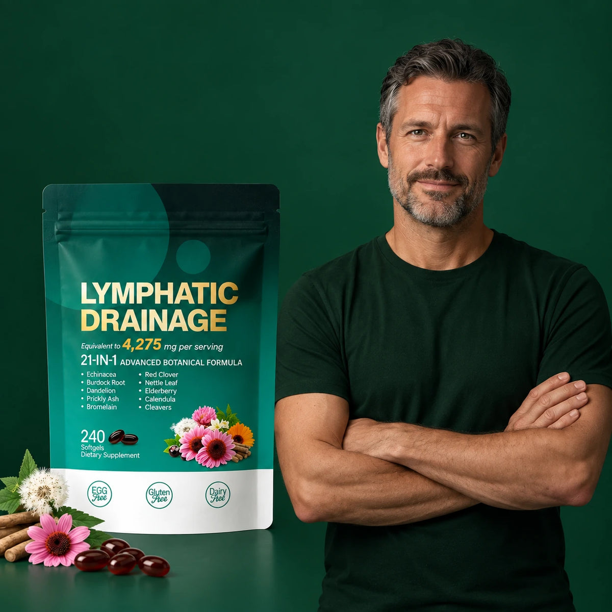 Homme avec un sachet de complément alimentaire drainage lymphatique