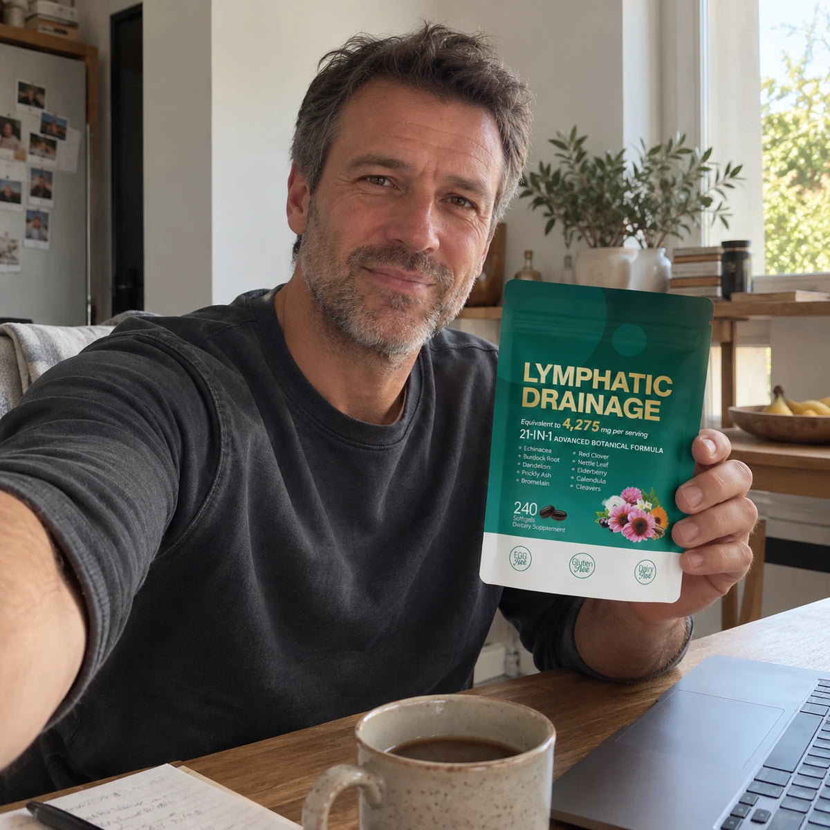 Matthieu tient le sachet de drainage lymphatique